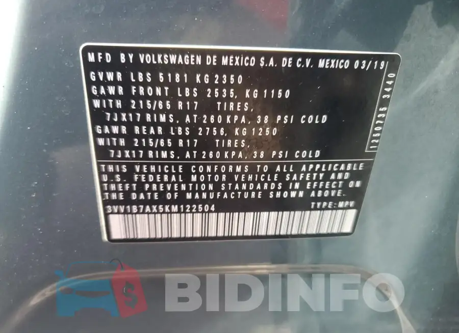3VV1B7AX5KM122504 Photo# 14