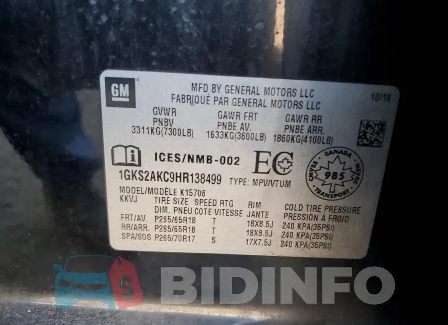 1GKS2AKC9HR138499 Photo# 14