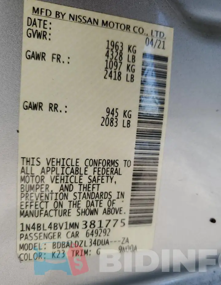 1N4BL4BV1MN381775 Photo# 13