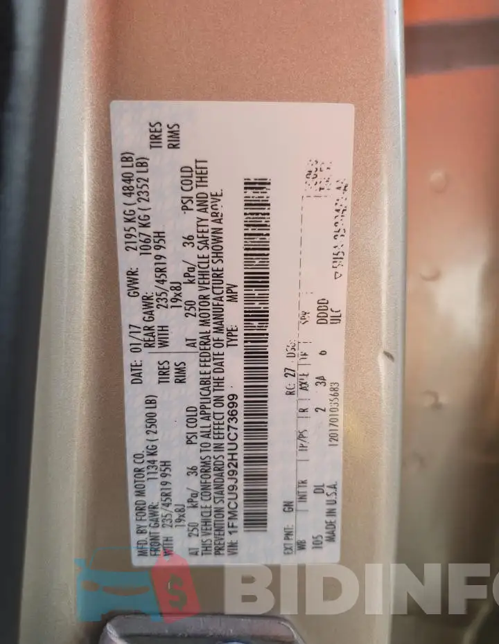 1FMCU9J92HUC73699 Photo# 14