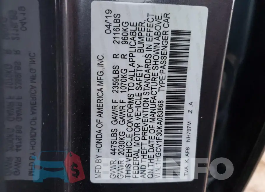1HGCV1F30KA083868 Photo# 12