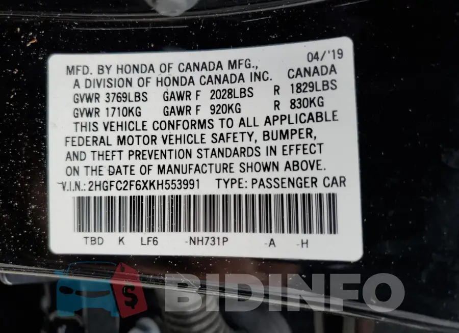 2HGFC2F6XKH553991 Photo# 13