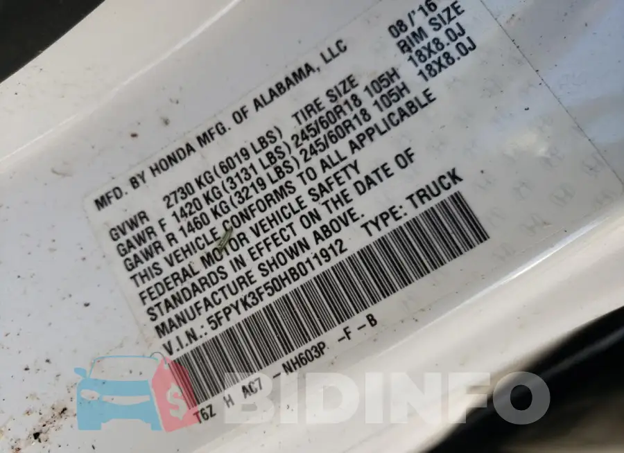 5FPYK3F50HB011912 Photo# 12