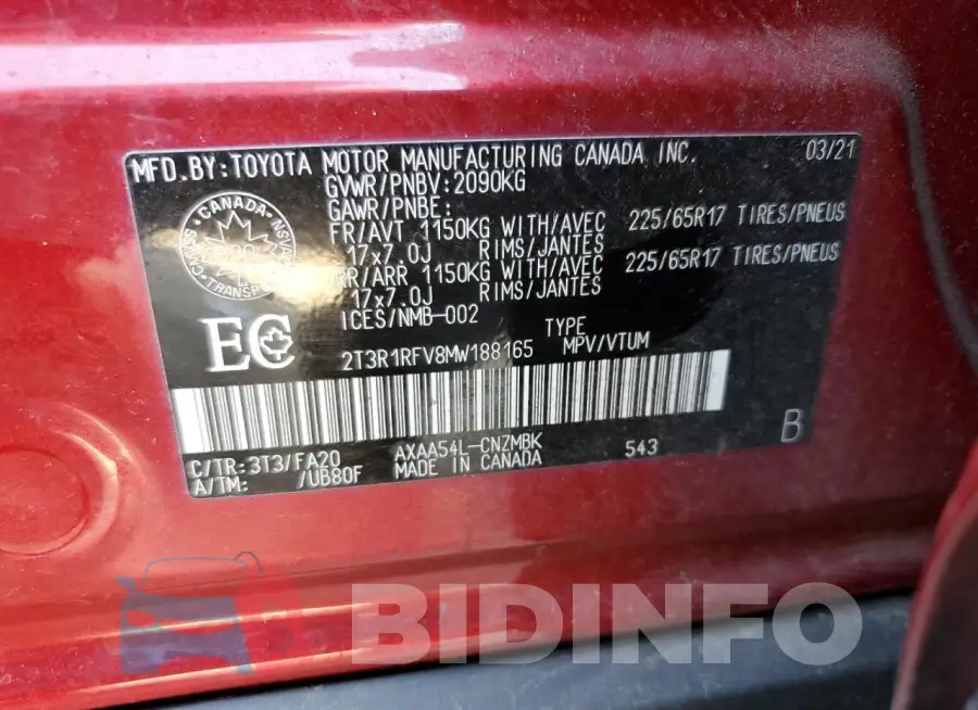 2T3R1RFV8MW188165 Photo# 13