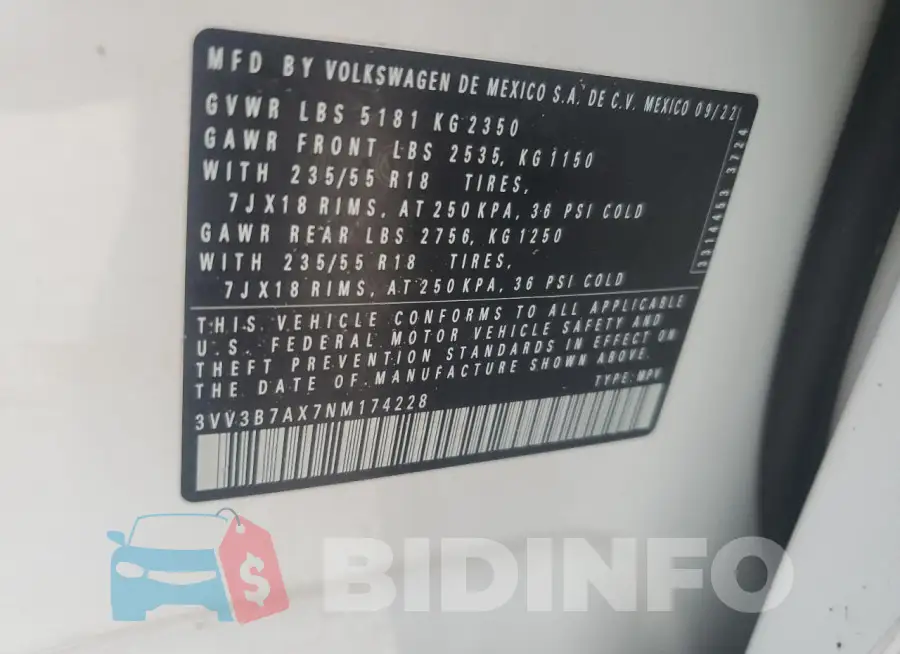 3VV3B7AX7NM174228 Photo# 14