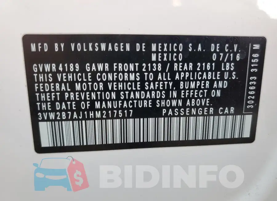 3VW2B7AJ1HM217517 Photo# 13