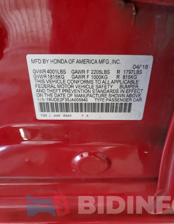 19UDE2F35JA005840 Photo# 13