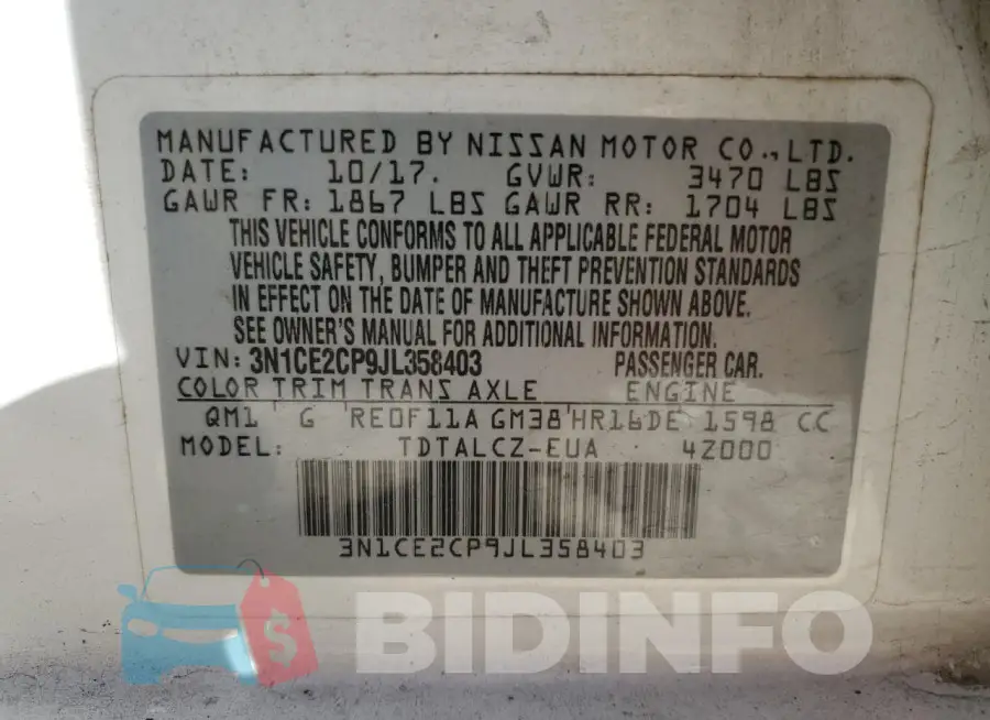 3N1CE2CP9JL358403 Photo# 13