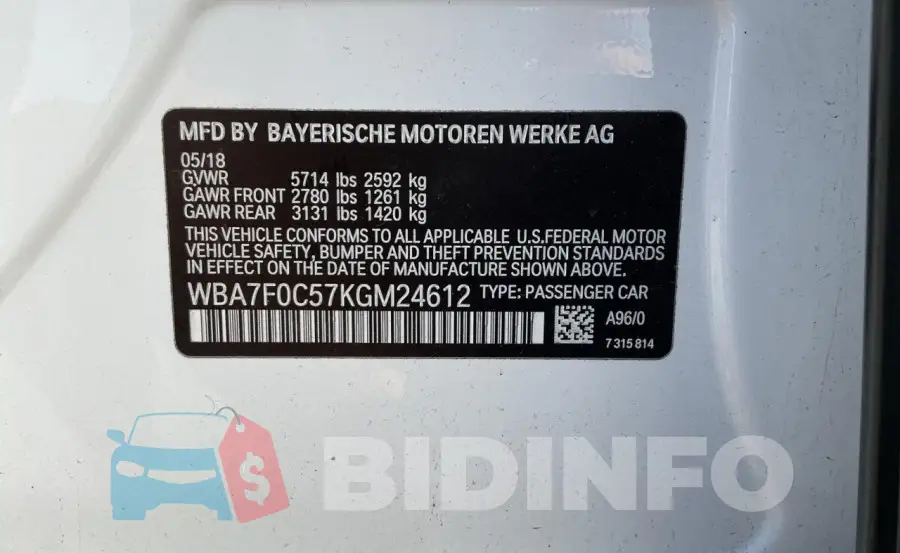 WBA7F0C57KGM24612 Photo# 10