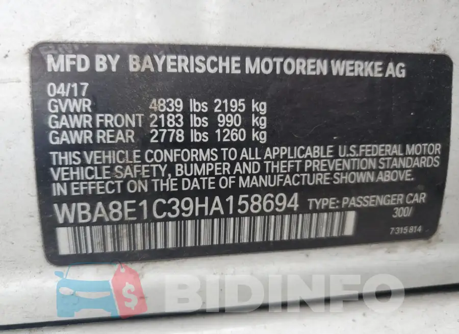 WBA8E1C39HA158694 Photo# 13