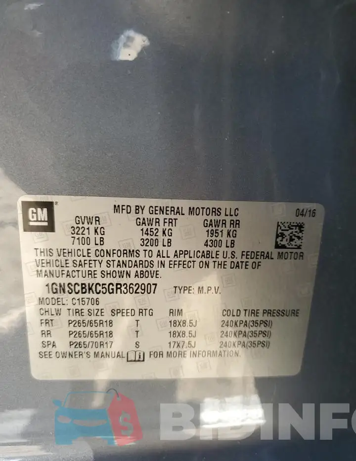 1GNSCBKC5GR362907 Photo# 14
