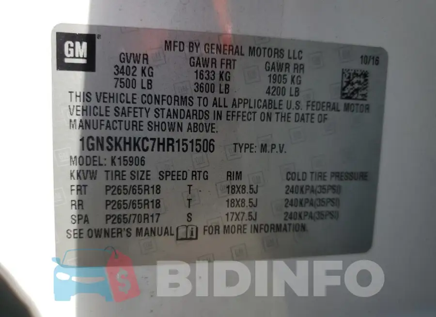 1GNSKHKC7HR151506 Photo# 14