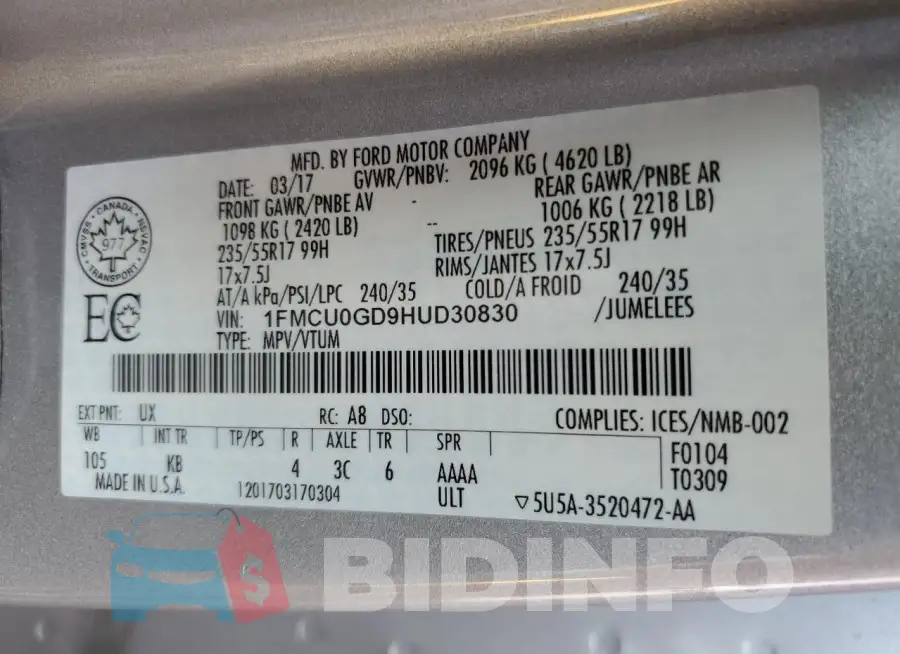 1FMCU0GD9HUD30830 Photo# 14