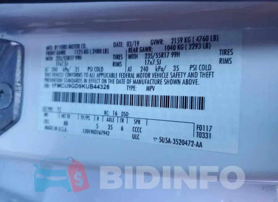 1FMCU9GD9KUB44328 Photo# 14