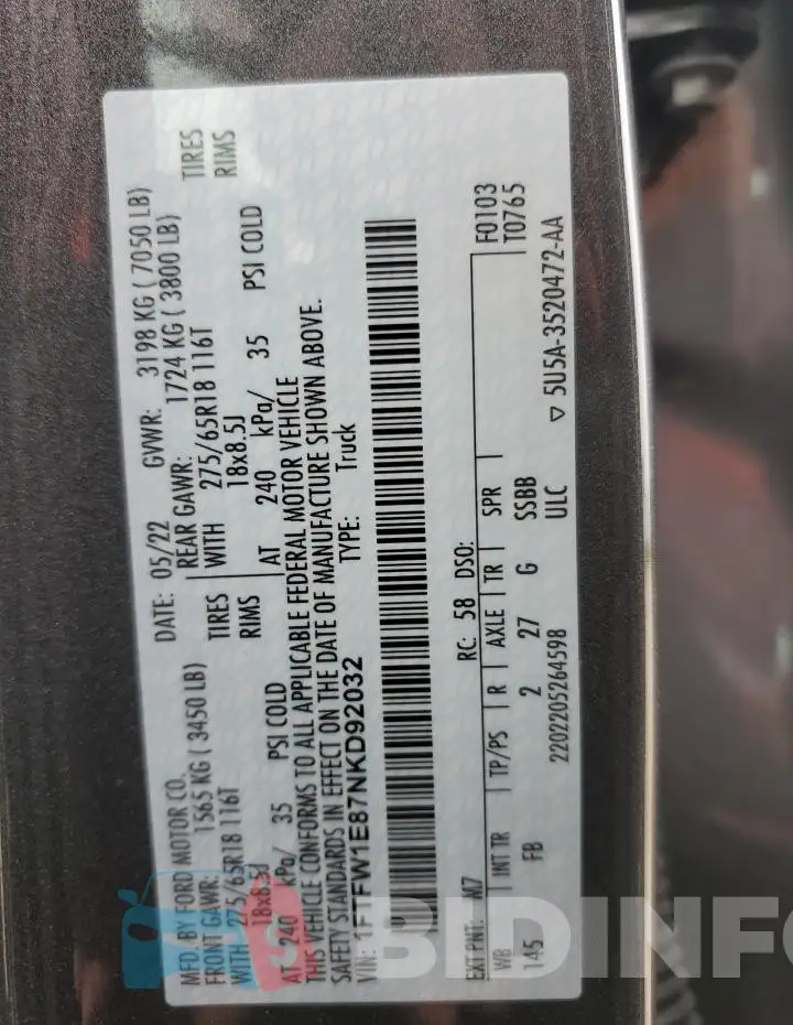 1FTFW1E87NKD92032 Photo# 12