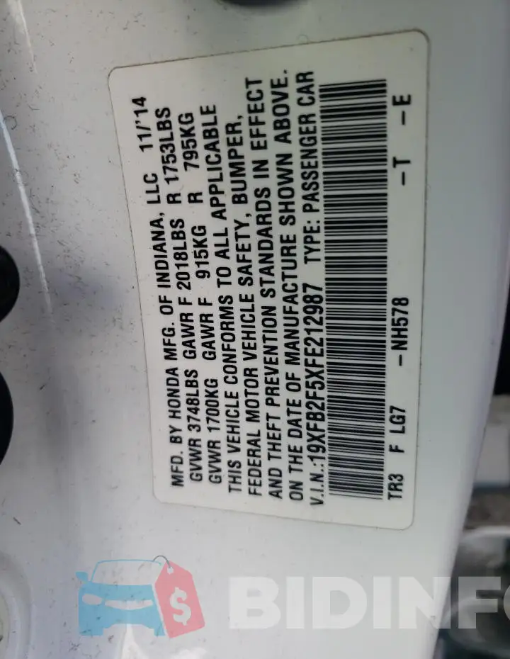 19XFB2F5XFE212987 Photo# 12