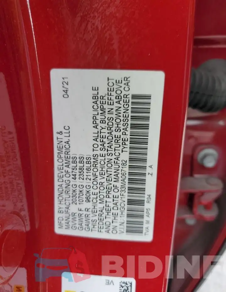 1HGCV1F33MA067182 Photo# 12