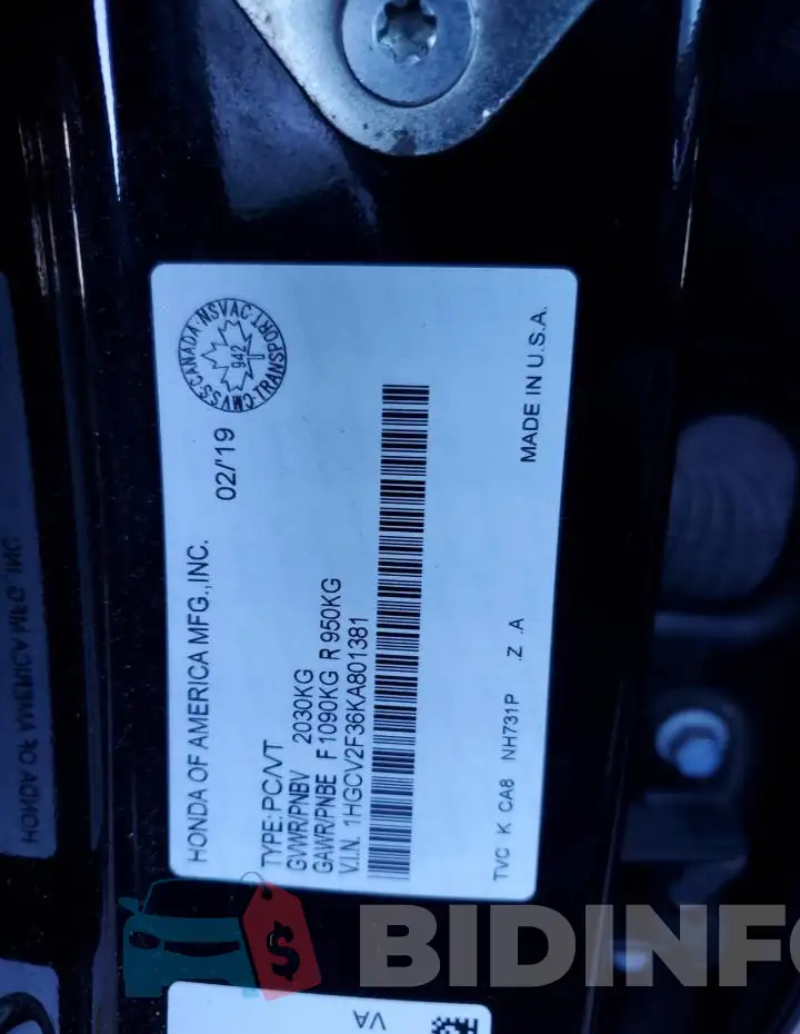 1HGCV2F36KA801381 Photo# 12