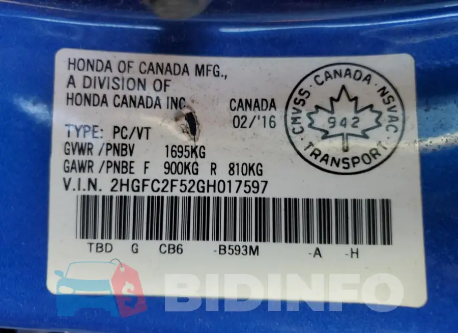 2HGFC2F52GH017597 Photo# 12