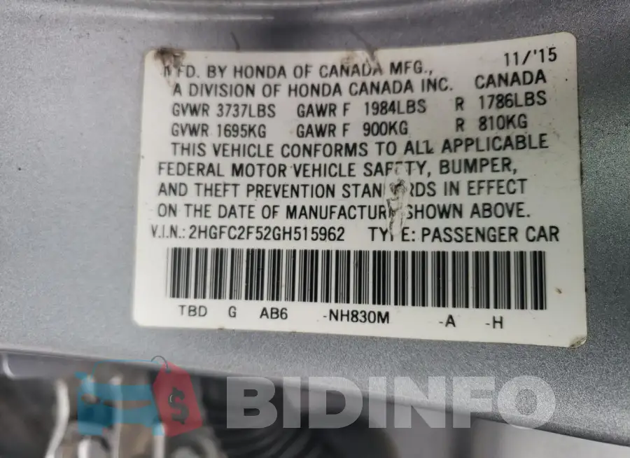 2HGFC2F52GH515962 Photo# 12
