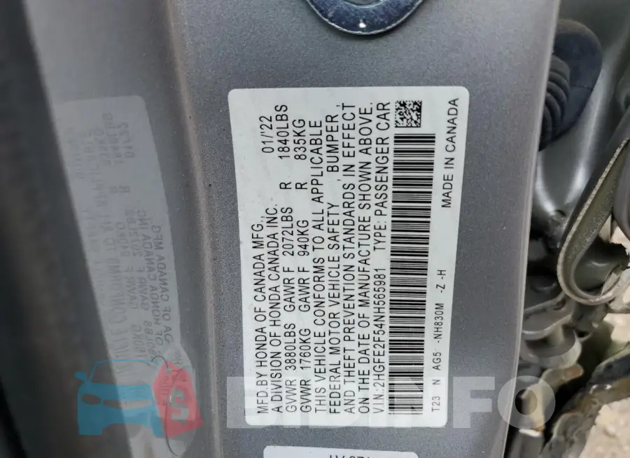 2HGFE2F54NH565981 Photo# 12
