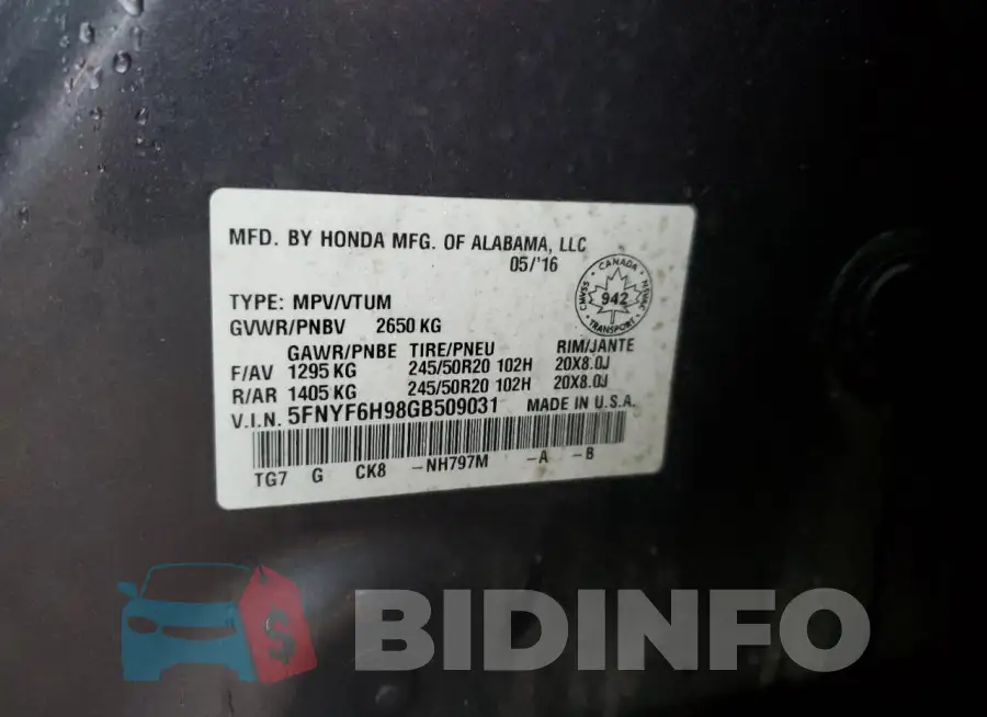 5FNYF6H98GB509031 Photo# 14