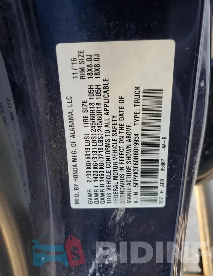 5FPYK3F60HB019954 Photo# 12