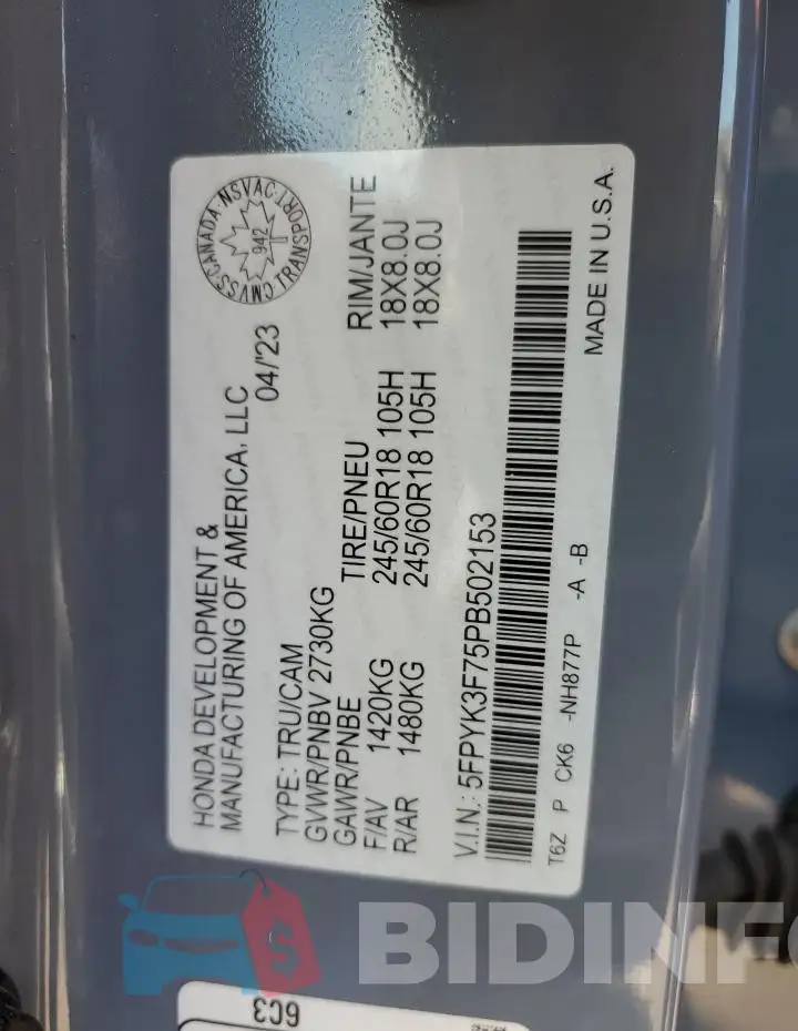 5FPYK3F75PB502153 Photo# 13