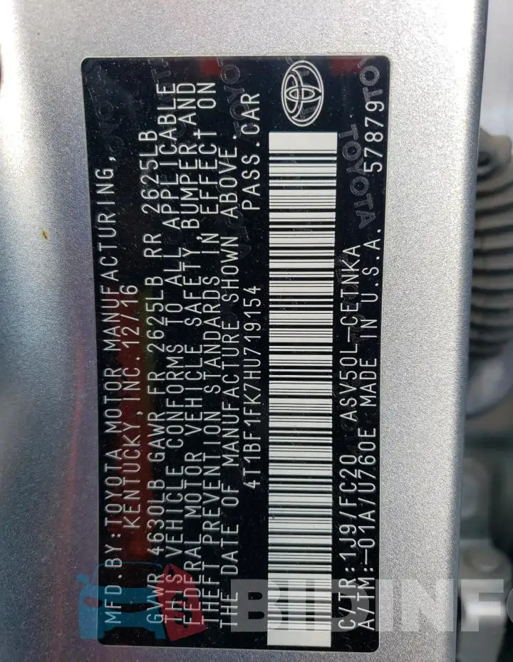 4T1BF1FK7HU719154 Photo# 12