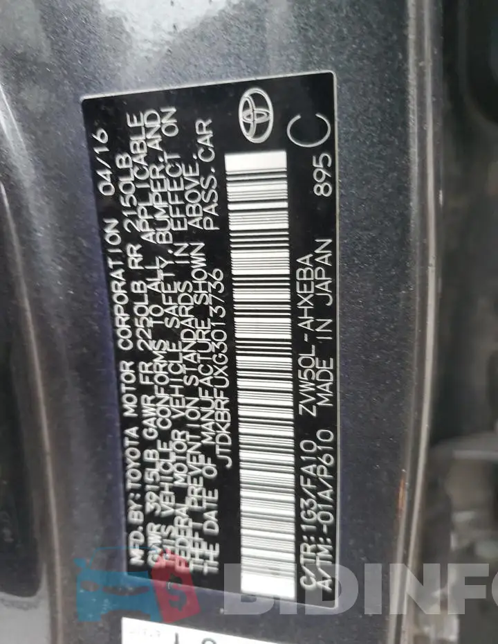 JTDKBRFUXG3013736 Photo# 12