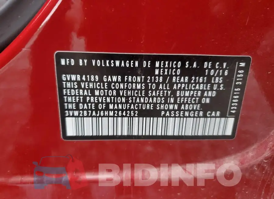 3VW2B7AJ6HM264252 Photo# 13