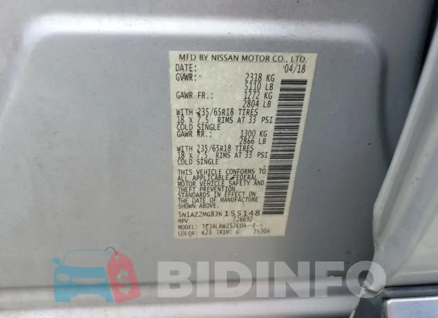 5N1AZ2MG8JN155148 Photo# 13