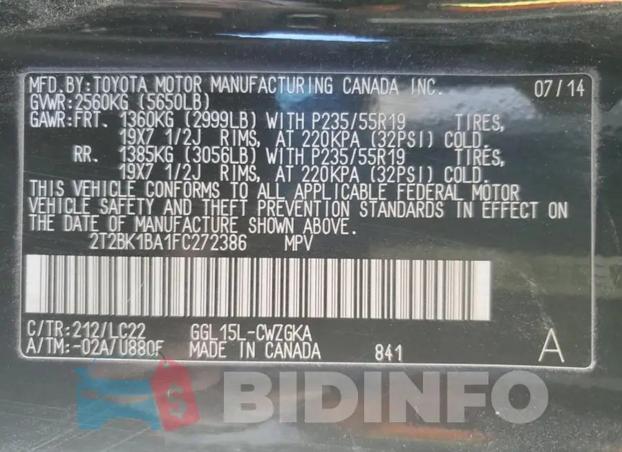 2T2BK1BA1FC272386 Photo# 13