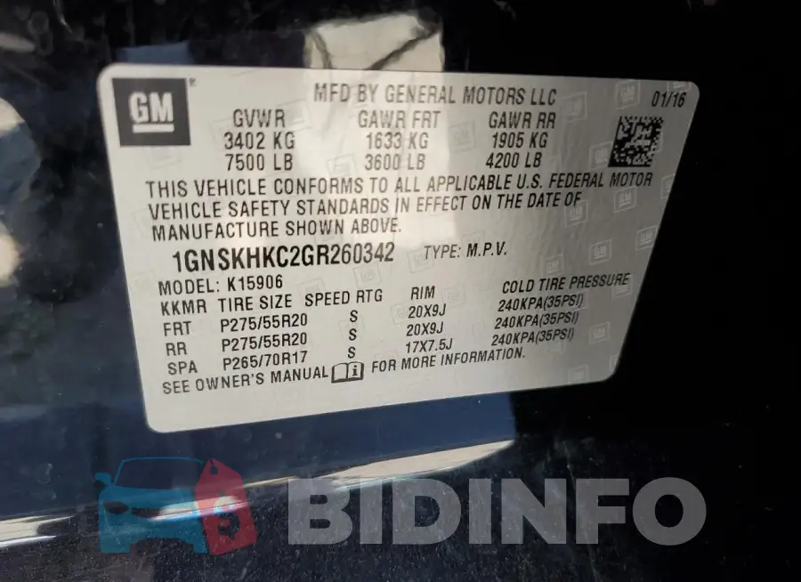 1GNSKHKC2GR260342 Photo# 13