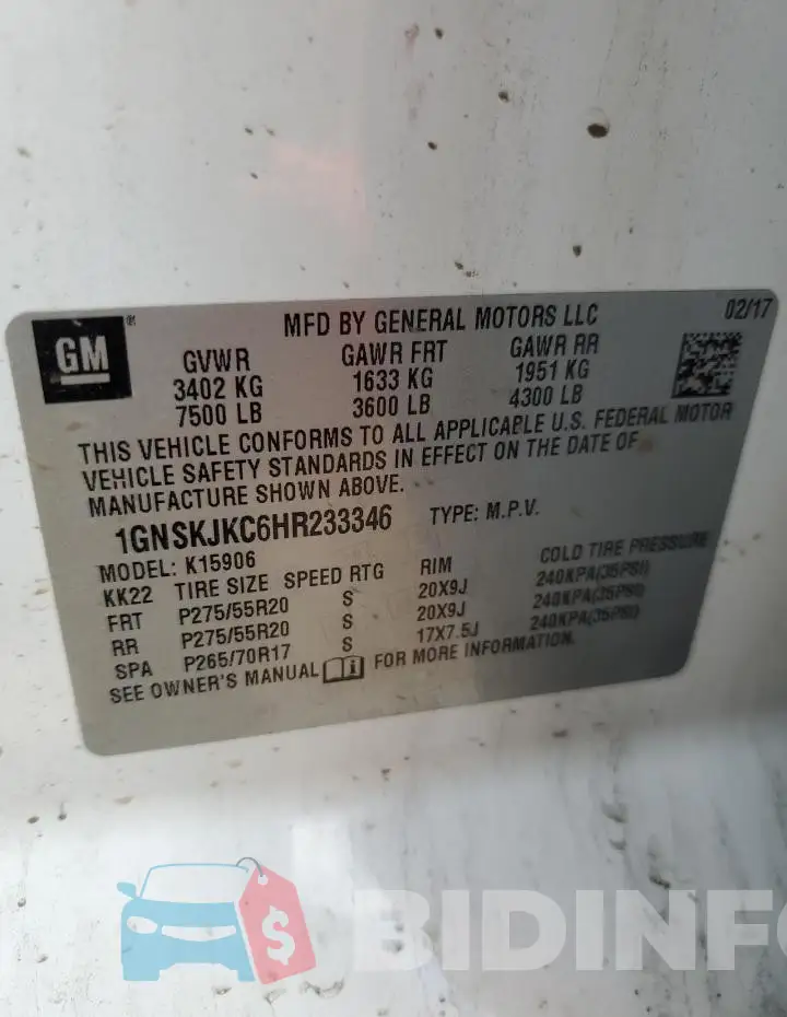 1GNSKJKC6HR233346 Photo# 12