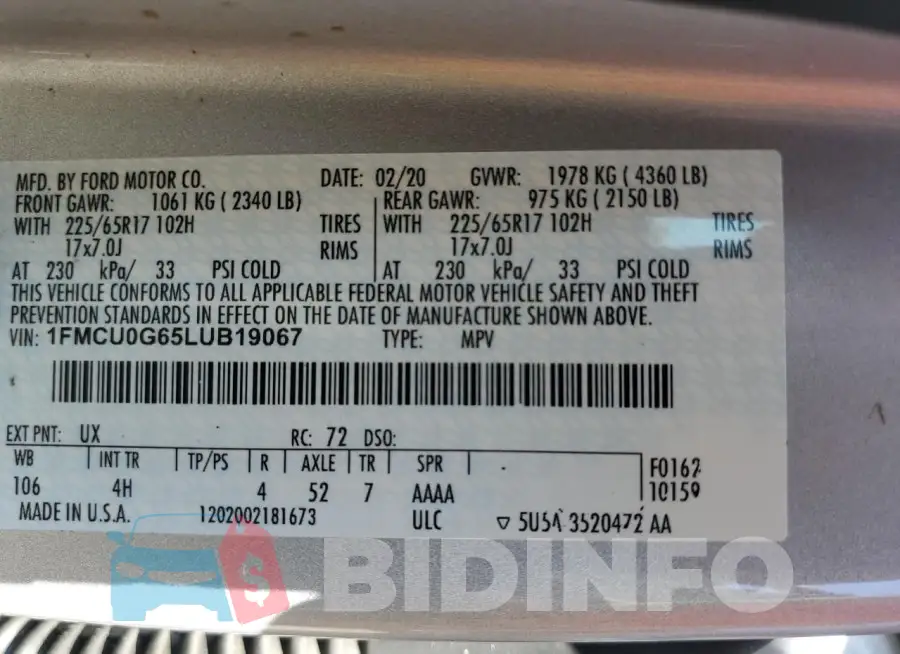 1FMCU0G65LUB19067 Photo# 13