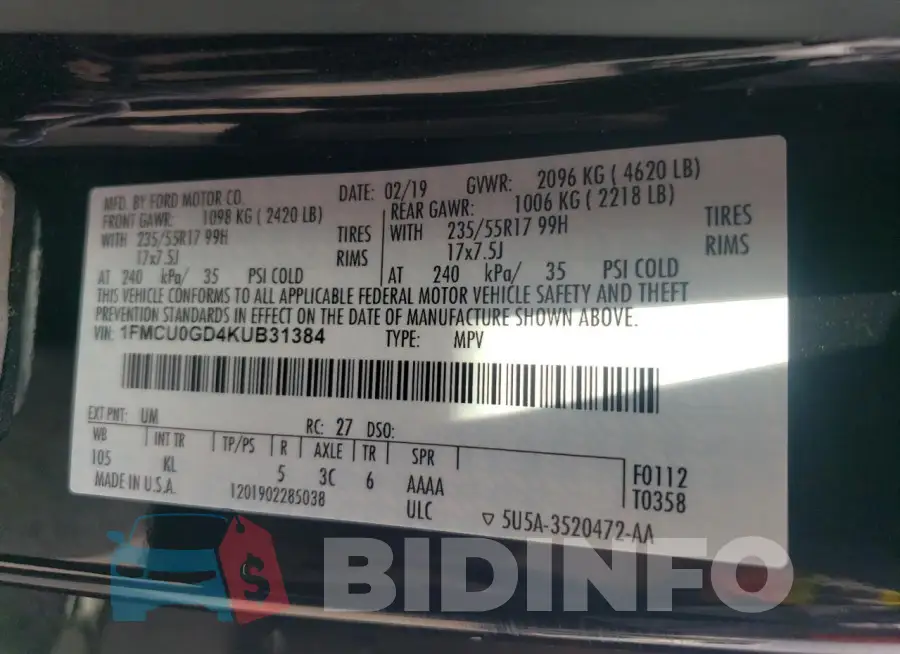 1FMCU0GD4KUB31384 Photo# 13