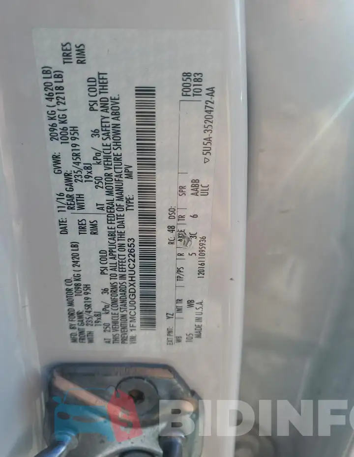 1FMCU0GDXHUC22653 Photo# 13