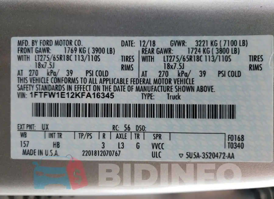 1FTFW1E12KFA16345 Photo# 13