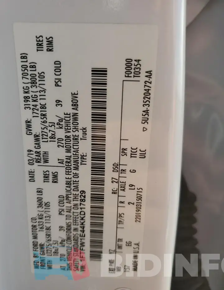 1FTFW1E44KKD17829 Photo# 12