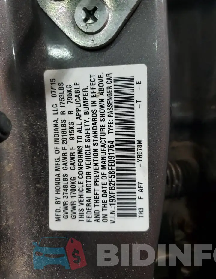 19XFB2F58FE091764 Photo# 12