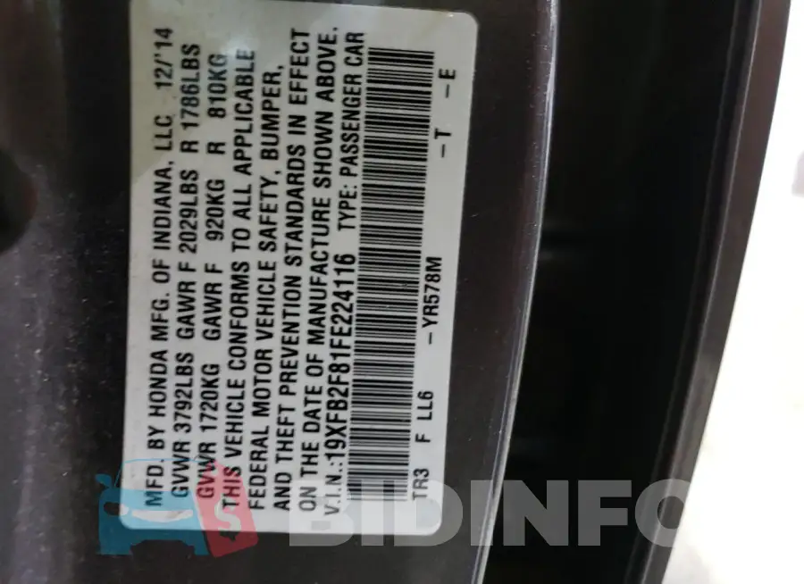 19XFB2F81FE224116 Photo# 13