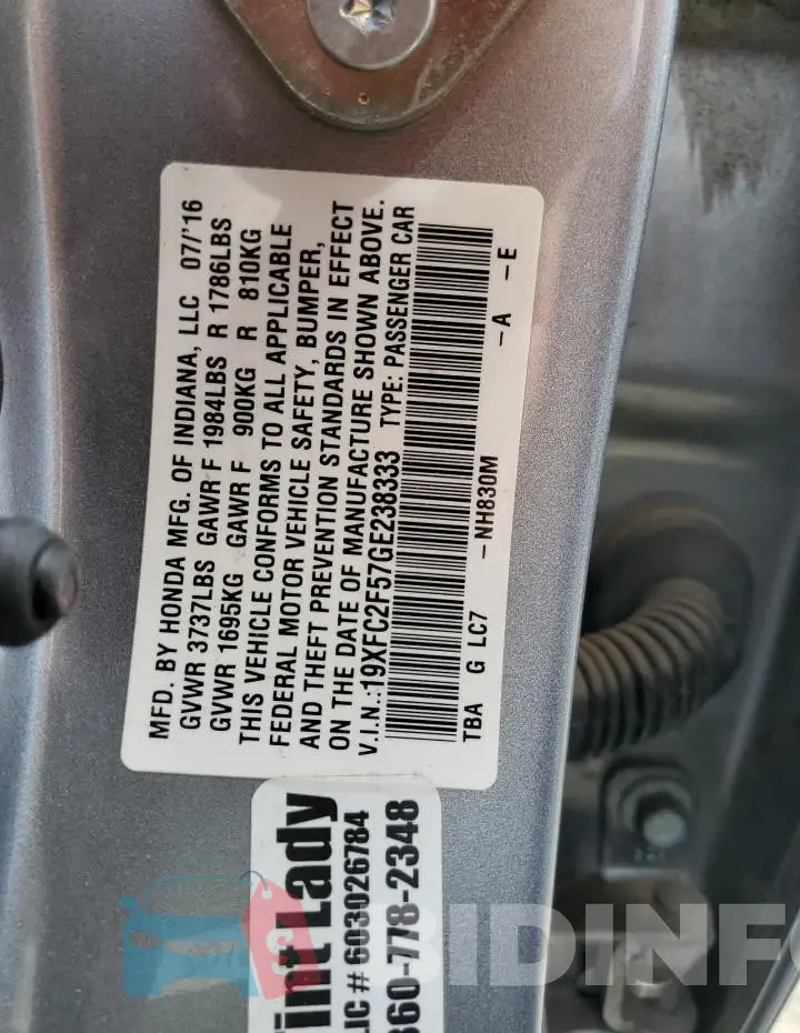 19XFC2F57GE238333 Photo# 12