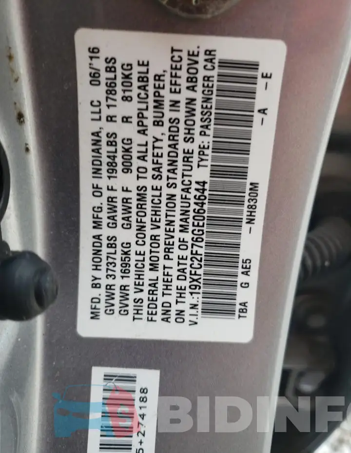 19XFC2F76GE064644 Photo# 12