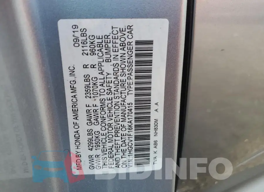 1HGCV1F16KA170415 Photo# 12
