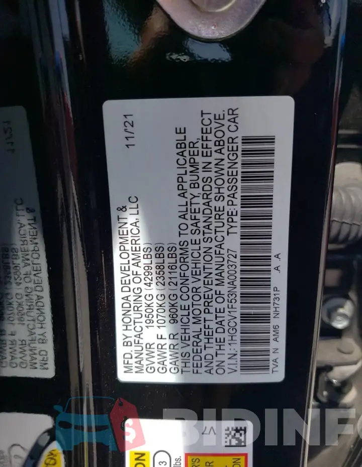 1HGCV1F53NA003727 Photo# 12