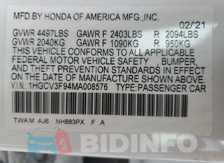 1HGCV3F94MA008576 Photo# 13