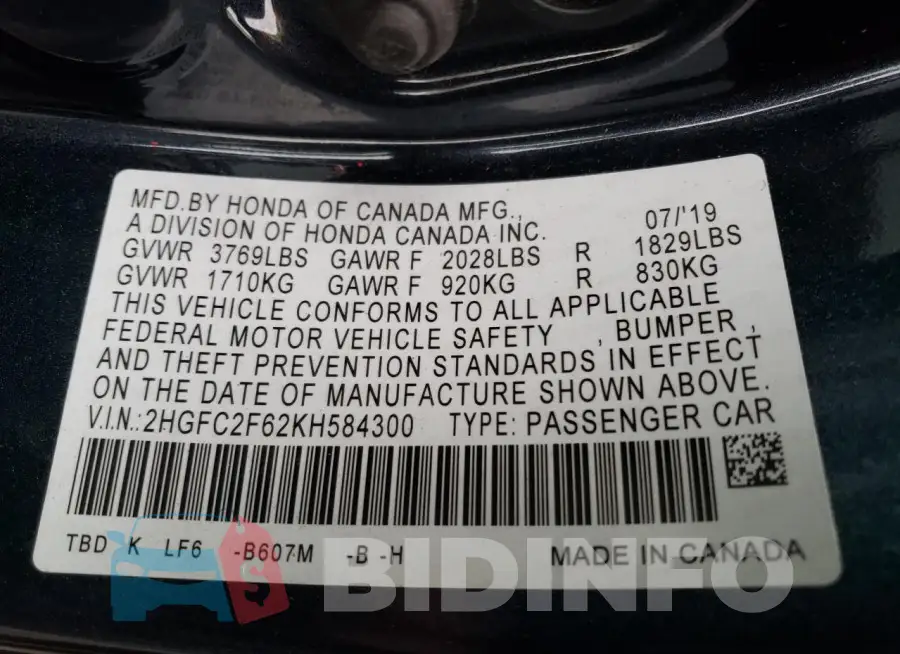 2HGFC2F62KH584300 Photo# 12