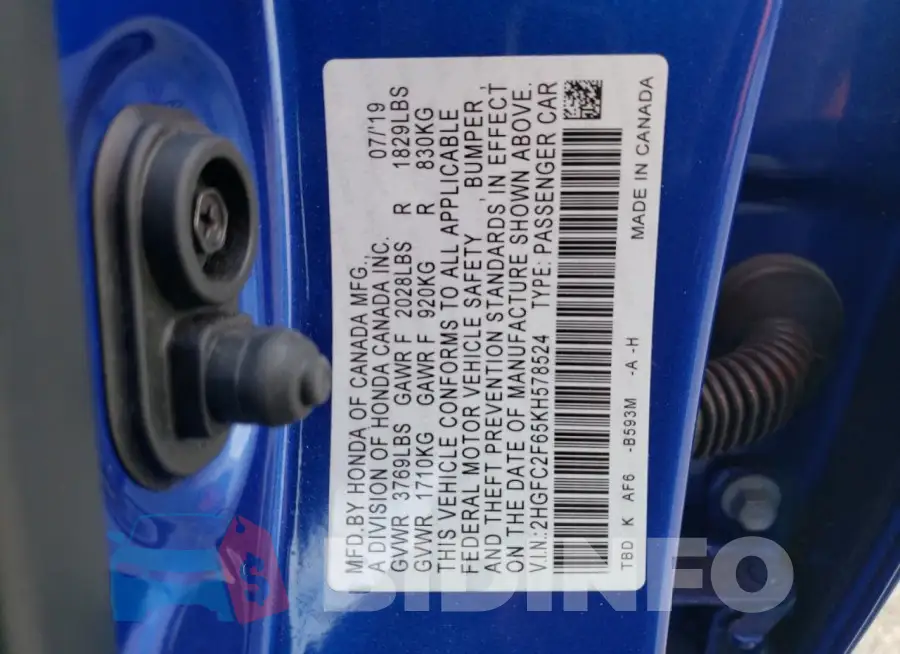 2HGFC2F65KH578524 Photo# 12