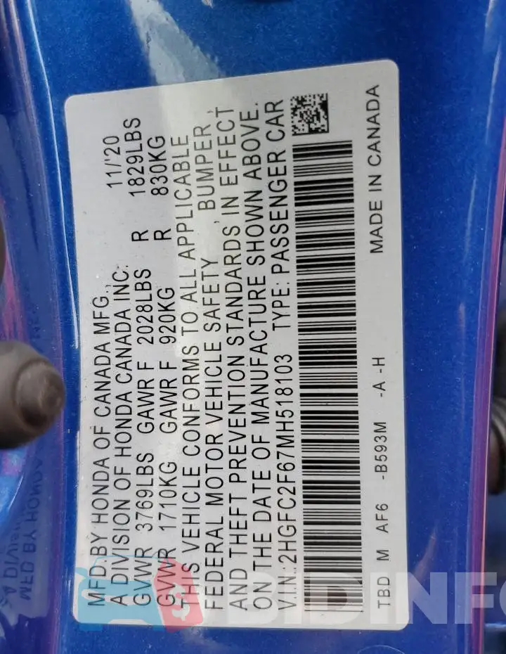 2HGFC2F67MH518103 Photo# 12